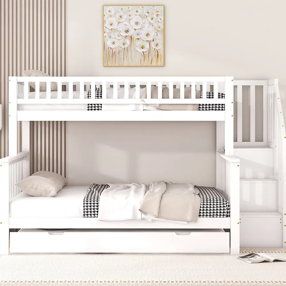 Redom Lit superposé 90x200/140x200 avec sommiers inclus et tiroir gigogne, échelle à rangements, en pin massif blanc*Enfant Lit Enfant