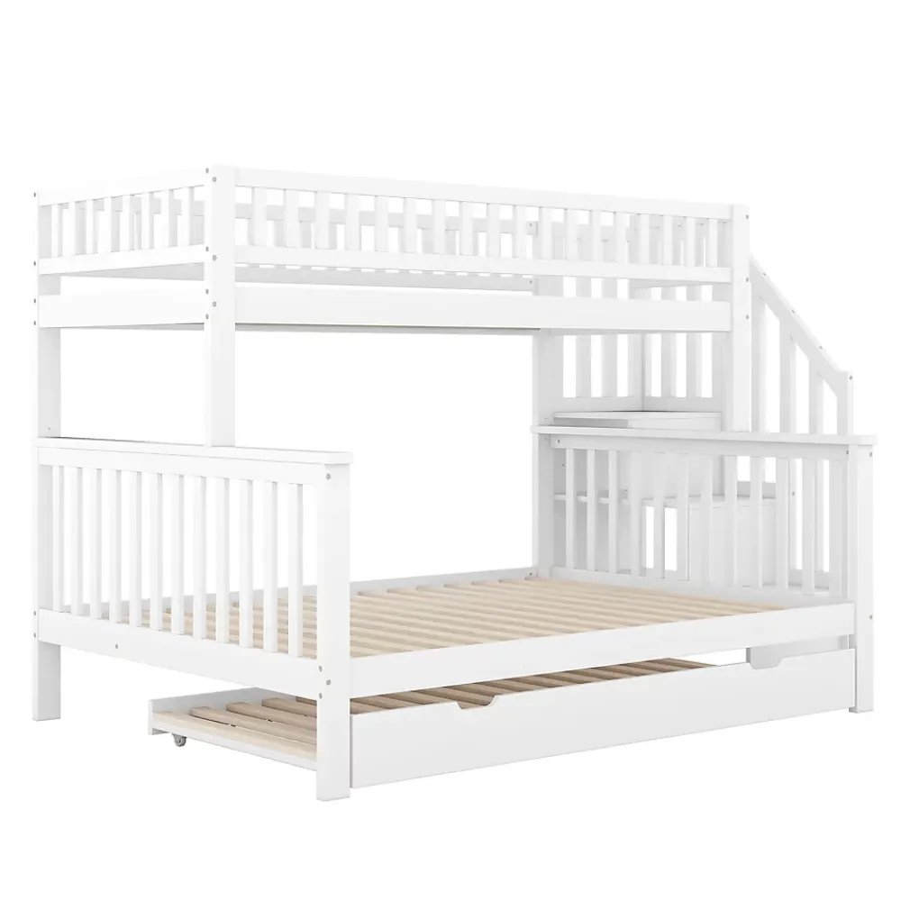 Redom Lit superposé 90x200/140x200 avec sommiers inclus et tiroir gigogne, échelle à rangements, en pin massif blanc*Enfant Lit Enfant