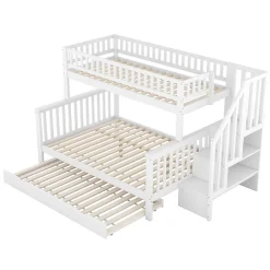 Redom Lit superposé 90x200/140x200 avec sommiers inclus et tiroir gigogne, échelle à rangements, en pin massif blanc*Enfant Lit Enfant