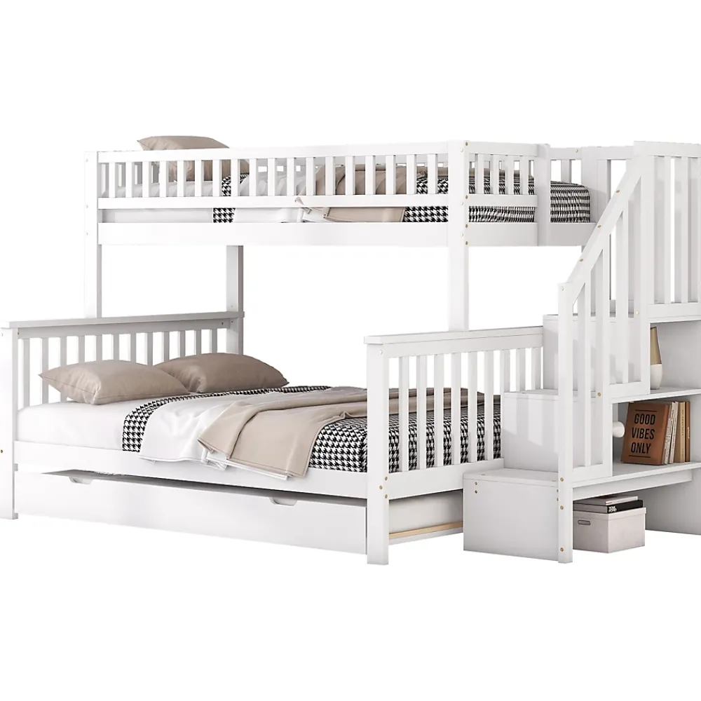 Redom Lit superposé 90x200/140x200 avec sommiers inclus et tiroir gigogne, échelle à rangements, en pin massif blanc*Enfant Lit Enfant
