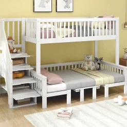 Lit superposé 90x200/120x200 avec table rabattable et escalier de rangement, structure bois/MDF blanc>Redom New