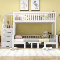 Lit superposé 90x200/120x200 avec table rabattable et escalier de rangement, structure bois/MDF blanc><noscript><img width=