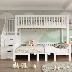 Lit superposé 90x200/120x200 avec table rabattable et escalier de rangement, structure bois/MDF blanc><noscript><img width=