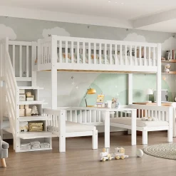 Lit superposé 90x200/120x200 avec table rabattable et escalier de rangement, structure bois/MDF blanc><noscript><img width=