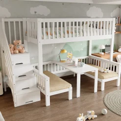 Lit superposé 90x200/120x200 avec table rabattable et escalier de rangement, structure bois/MDF blanc><noscript><img width=
