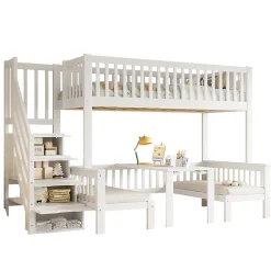 Lit superposé 90x200/120x200 avec table rabattable et escalier de rangement, structure bois/MDF blanc><noscript><img width=