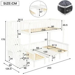 Lit superposé 90x200/120x200 avec table rabattable et escalier de rangement, structure bois/MDF blanc><noscript><img width=