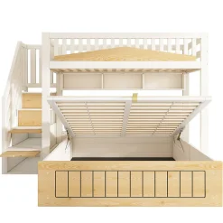 ModernLuxe Lit superposé 90x200+140x200 cm - lit inférieur avec rangement - escalier avec rangement - port USB - Blanc/Naturel (sans matelas)*Enfant Lit Enfant