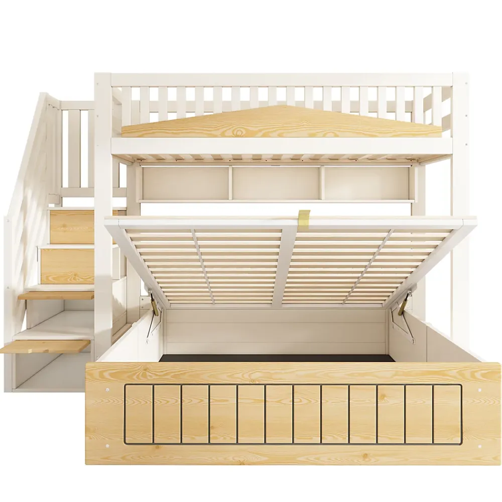 ModernLuxe Lit superposé 90x200+140x200 cm - lit inférieur avec rangement - escalier avec rangement - port USB - Blanc/Naturel (sans matelas)*Enfant Lit Enfant
