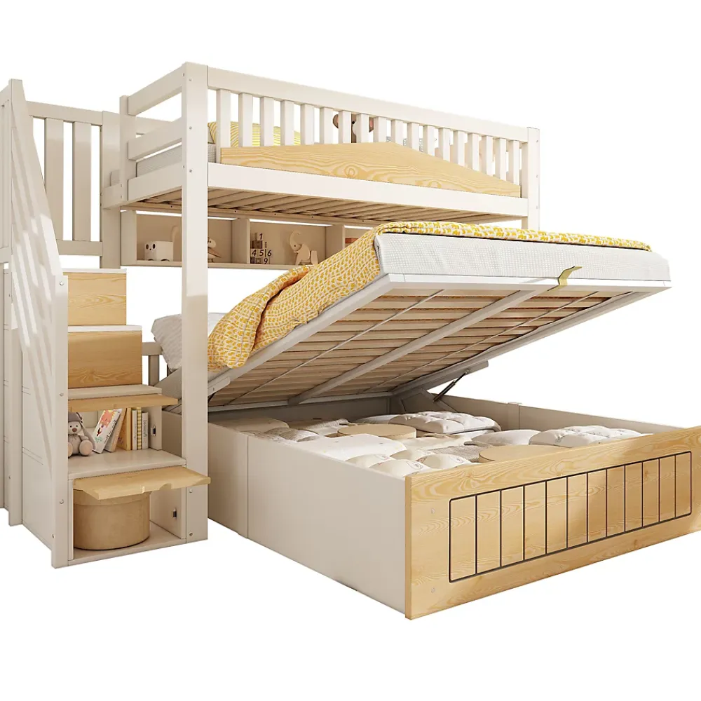 ModernLuxe Lit superposé 90x200+140x200 cm - lit inférieur avec rangement - escalier avec rangement - port USB - Blanc/Naturel (sans matelas)*Enfant Lit Enfant