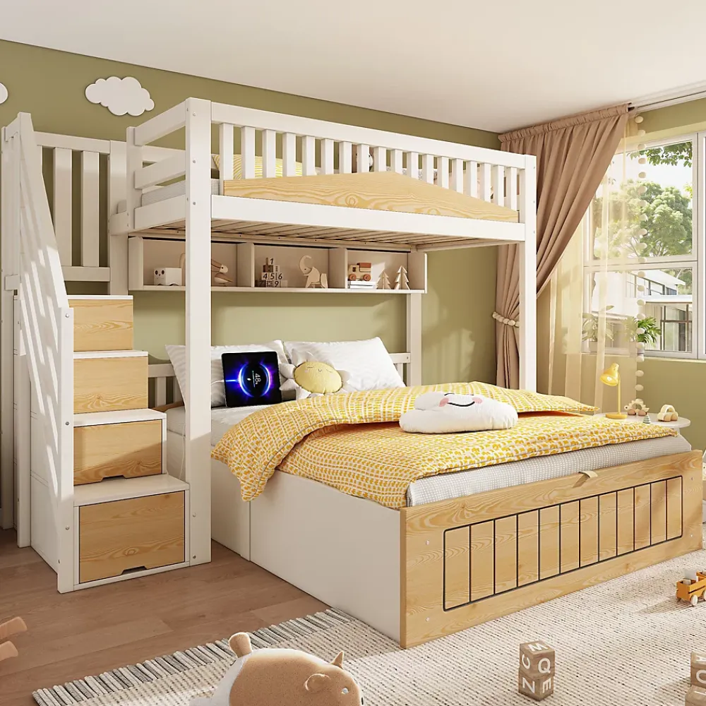 ModernLuxe Lit superposé 90x200+140x200 cm - lit inférieur avec rangement - escalier avec rangement - port USB - Blanc/Naturel (sans matelas)*Enfant Lit Enfant