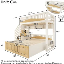 ModernLuxe Lit superposé 90x200+140x200 cm - lit inférieur avec rangement - escalier avec rangement - port USB - Blanc/Naturel (sans matelas)*Enfant Lit Enfant