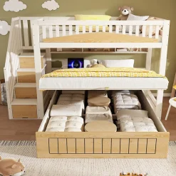 ModernLuxe Lit superposé 90x200+140x200 cm - lit inférieur avec rangement - escalier avec rangement - port USB - Blanc/Naturel (sans matelas)*Enfant Lit Enfant