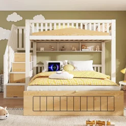 ModernLuxe Lit superposé 90x200+140x200 cm - lit inférieur avec rangement - escalier avec rangement - port USB - Blanc/Naturel (sans matelas)*Enfant Lit Enfant