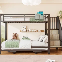 Lit superposé 90x200+180x200 cm - Structure en fer - Lit gigogne - Sacs de rangement - Échelle de sécurité - Noir (sans matelas)><noscript><img width=
