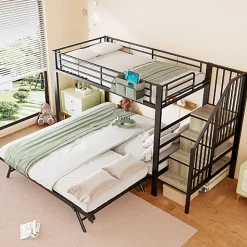 Lit superposé 90x200+180x200 cm - Structure en fer - Lit gigogne - Sacs de rangement - Échelle de sécurité - Noir (sans matelas)><noscript><img width=