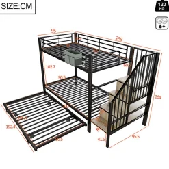 Lit superposé 90x200+180x200 cm - Structure en fer - Lit gigogne - Sacs de rangement - Échelle de sécurité - Noir (sans matelas)><noscript><img width=