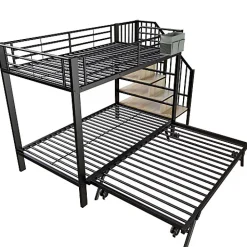 Lit superposé 90x200+180x200 cm - Structure en fer - Lit gigogne - Sacs de rangement - Échelle de sécurité - Noir (sans matelas)><noscript><img width=