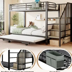 Lit superposé 90x200+180x200 cm - Structure en fer - Lit gigogne - Sacs de rangement - Échelle de sécurité - Noir (sans matelas)><noscript><img width=