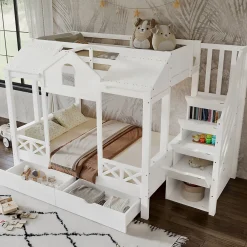 Lit superposé 90x200/140x200 cm avec deux tiroirs à roulettes et armoire d'escalier en bois blanc>Redom Discount