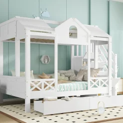 Lit superposé 90x200/140x200 cm avec deux tiroirs à roulettes et armoire d'escalier en bois blanc><noscript><img width=