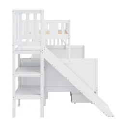 Redom Lit superposé 90x200/140x200 cm avec toboggan sécurisé, échelle de rangement et 2 tiroirs en bois blanc*Enfant Lit Enfant