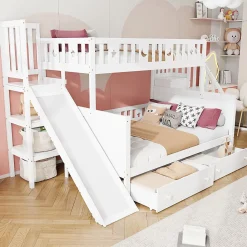 Redom Lit superposé 90x200/140x200 cm avec toboggan sécurisé, échelle de rangement et 2 tiroirs en bois blanc*Enfant Lit Enfant