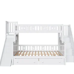 Redom Lit superposé 90x200/140x200 cm avec toboggan sécurisé, échelle de rangement et 2 tiroirs en bois blanc*Enfant Lit Enfant