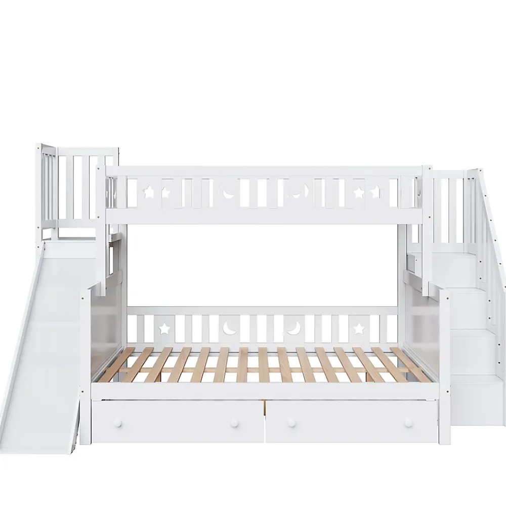 Redom Lit superposé 90x200/140x200 cm avec toboggan sécurisé, échelle de rangement et 2 tiroirs en bois blanc*Enfant Lit Enfant