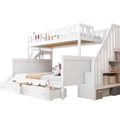 Redom Lit superposé 90x200/140x200 cm avec toboggan sécurisé, échelle de rangement et 2 tiroirs en bois blanc*Enfant Lit Enfant