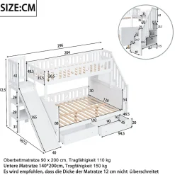 Redom Lit superposé 90x200/140x200 cm avec toboggan sécurisé, échelle de rangement et 2 tiroirs en bois blanc*Enfant Lit Enfant