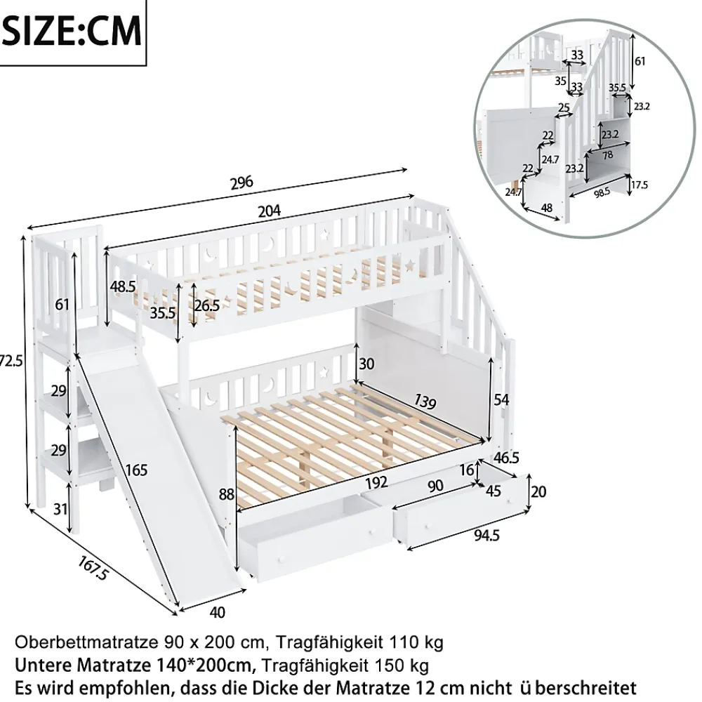 Redom Lit superposé 90x200/140x200 cm avec toboggan sécurisé, échelle de rangement et 2 tiroirs en bois blanc*Enfant Lit Enfant