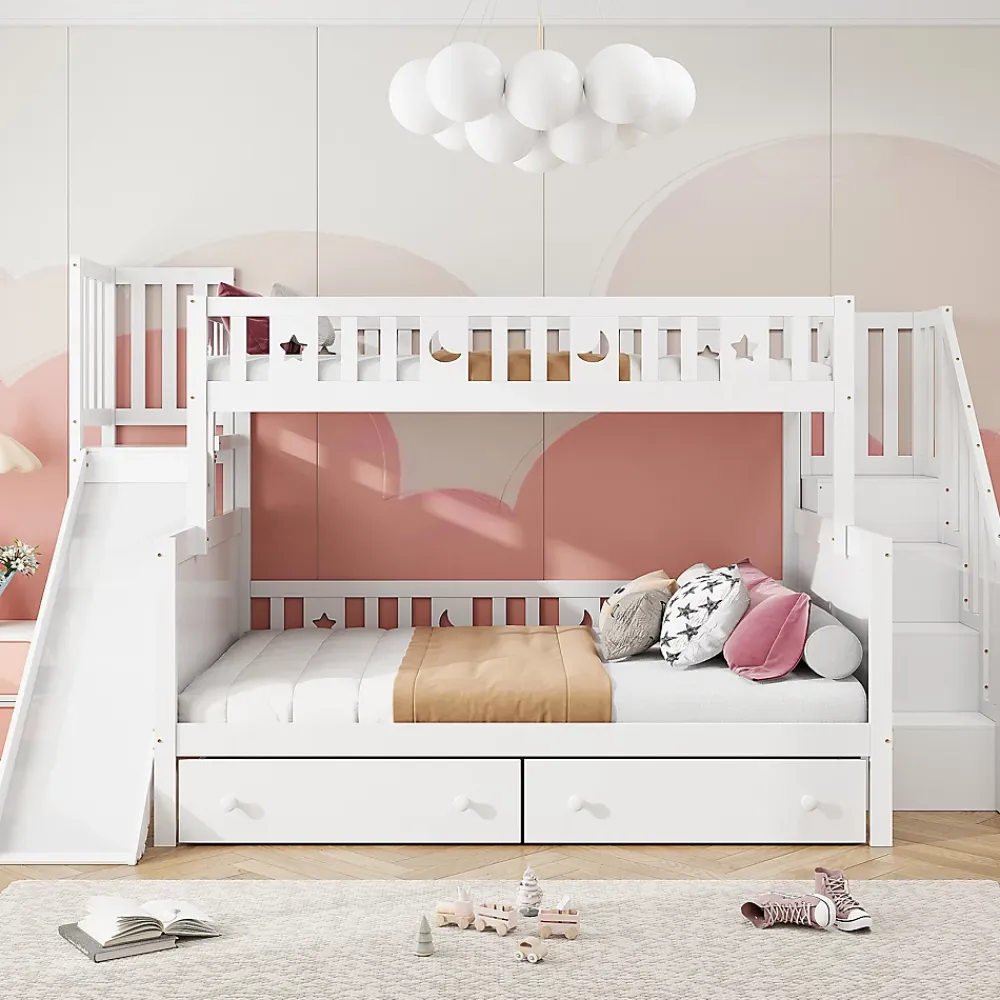 Redom Lit superposé 90x200/140x200 cm avec toboggan sécurisé, échelle de rangement et 2 tiroirs en bois blanc*Enfant Lit Enfant