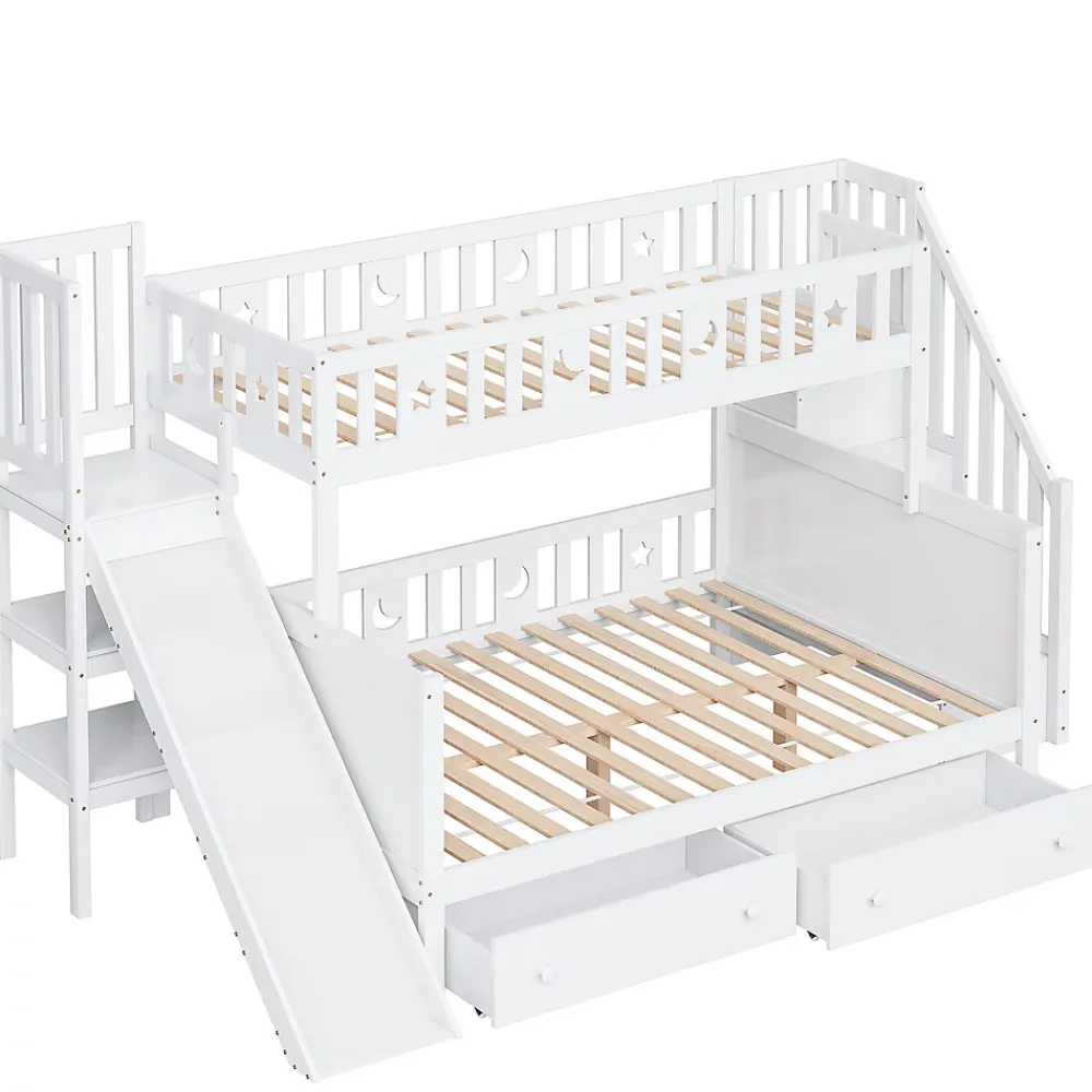 Redom Lit superposé 90x200/140x200 cm avec toboggan sécurisé, échelle de rangement et 2 tiroirs en bois blanc*Enfant Lit Enfant