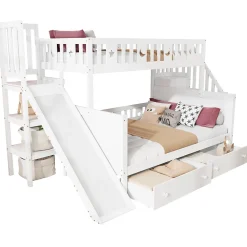 Redom Lit superposé 90x200/140x200 cm avec toboggan sécurisé, échelle de rangement et 2 tiroirs en bois blanc*Enfant Lit Enfant
