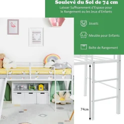 Lit Superpose avec Echelle et Toboggan Amovible Cadre de Lit pour Enfant avec Cloture de Securite><noscript><img width=