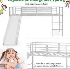 Lit Superpose avec Echelle et Toboggan Amovible Cadre de Lit pour Enfant avec Cloture de Securite><noscript><img width=