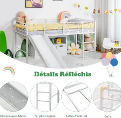 Lit Superpose avec Echelle et Toboggan Amovible Cadre de Lit pour Enfant avec Cloture de Securite><noscript><img width=