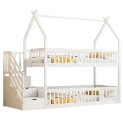 Lit superpose enfant 90 par 200 cm bois massif avec toit echelle de securite tiroirs lit simple blanc rangement enfants>Redom Best