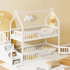 Lit superpose enfant 90 par 200 cm bois massif avec toit echelle de securite tiroirs lit simple blanc rangement enfants>Redom Best