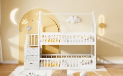 Lit superpose enfant 90 par 200 cm bois massif avec toit echelle de securite tiroirs lit simple blanc rangement enfants><noscript><img width=