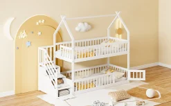 Lit superpose enfant 90 par 200 cm bois massif avec toit echelle de securite tiroirs lit simple blanc rangement enfants><noscript><img width=