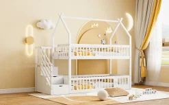 Lit superpose enfant 90 par 200 cm bois massif avec toit echelle de securite tiroirs lit simple blanc rangement enfants><noscript><img width=