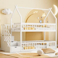 Lit superpose enfant 90 par 200 cm bois massif avec toit echelle de securite tiroirs lit simple blanc rangement enfants><noscript><img width=