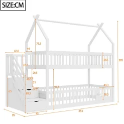Lit superpose enfant 90 par 200 cm bois massif avec toit echelle de securite tiroirs lit simple blanc rangement enfants><noscript><img width=