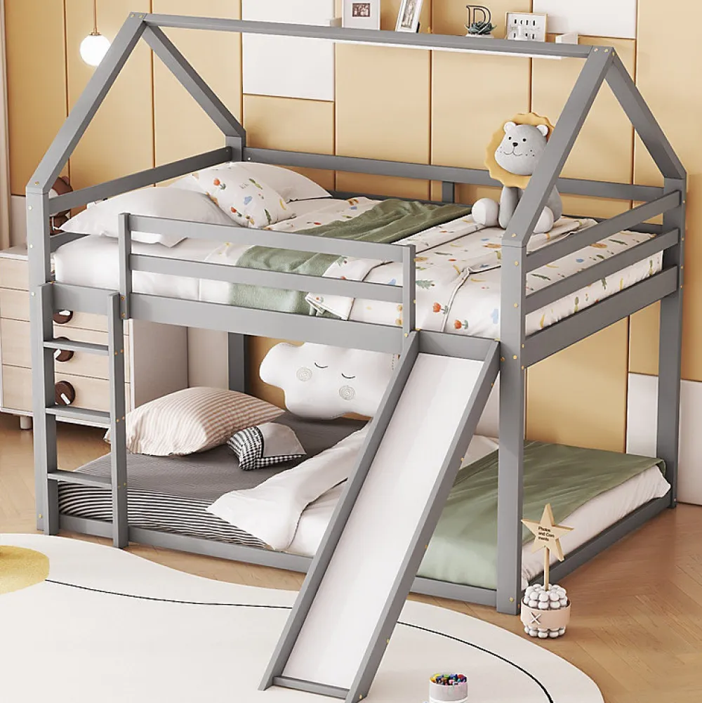 Lit superpose enfant 140x200 cm gris avec toboggan echelle et design cabane pour chambre enfant>Aapaas New