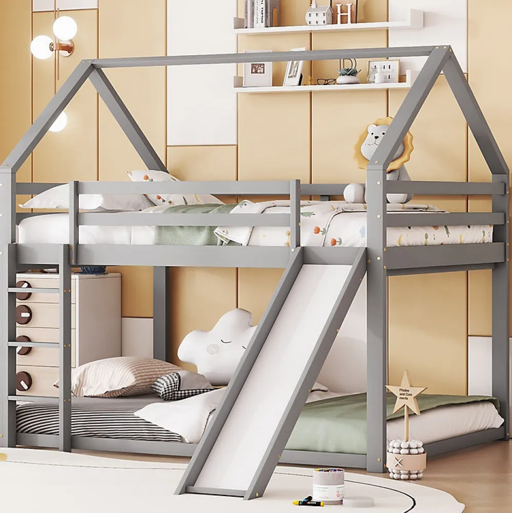 Lit superpose enfant 140x200 cm gris avec toboggan echelle et design cabane pour chambre enfant>Aapaas New