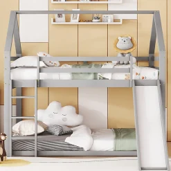 Lit superpose enfant 140x200 cm gris avec toboggan echelle et design cabane pour chambre enfant><noscript><img width=