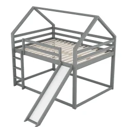 Lit superpose enfant 140x200 cm gris avec toboggan echelle et design cabane pour chambre enfant><noscript><img width=