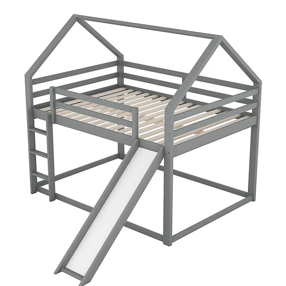 Lit superpose enfant 140x200 cm gris avec toboggan echelle et design cabane pour chambre enfant>Aapaas New